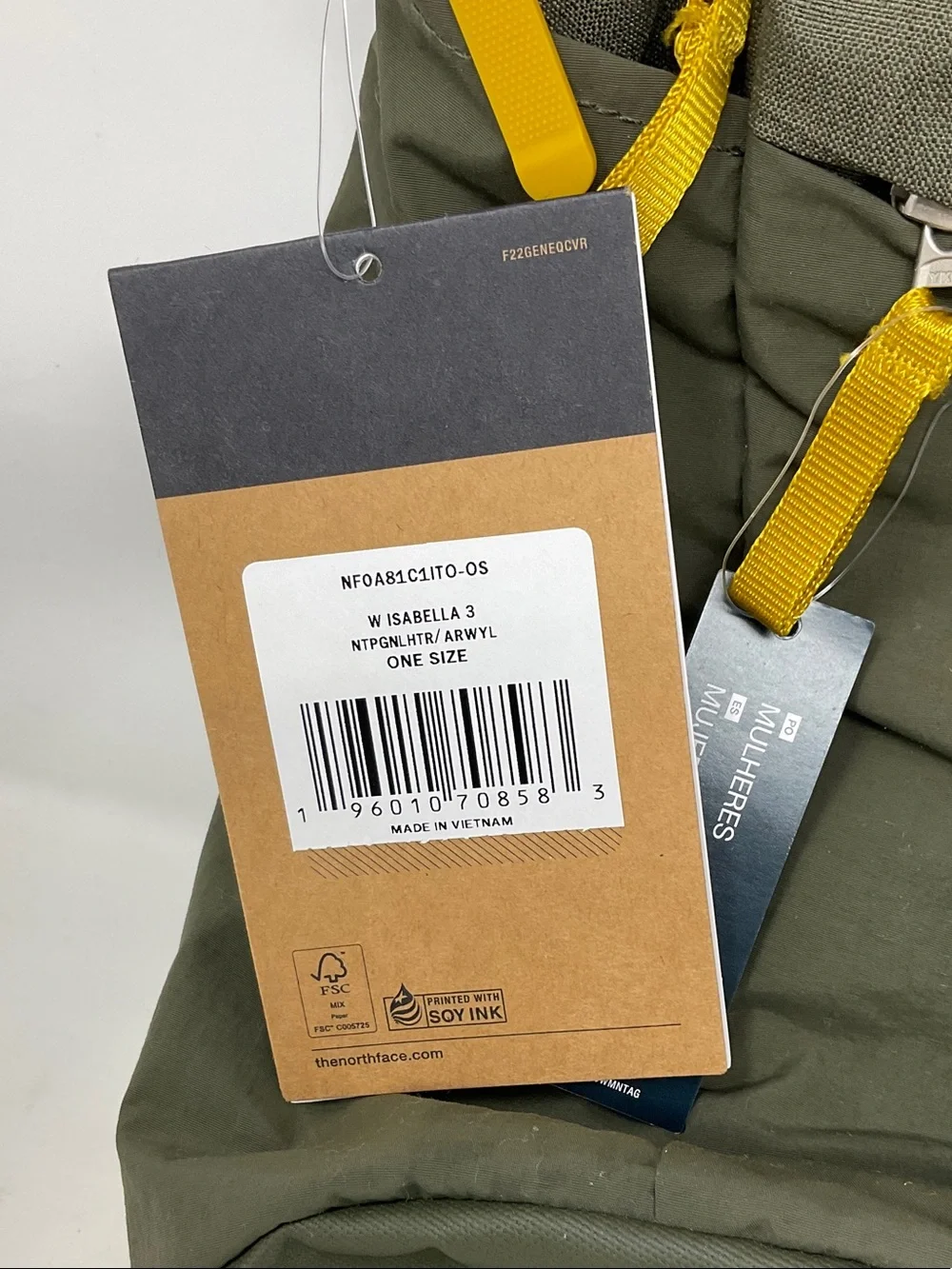 The North Face Isabella 3 Olive Green Backpack with Yellow Pull Tabs